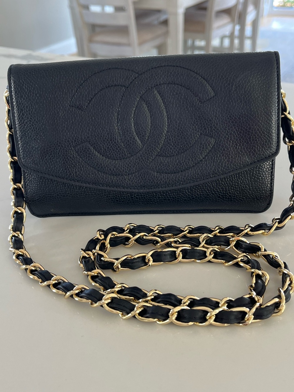 Chanel Timeless CC Black Caviar Wallet with Crossbody Conversion Chain (WOC)